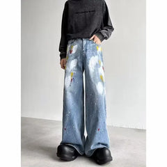 Threebooy Y2K Fashion Painting Graffiti Vintage Blue Baggy New Jeans Pants For Men Clothes Streetwear Hip Hop Denim Trousers