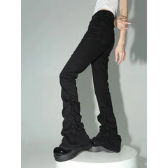 Threebooy Black Ruched Flare Jeans Women Solid Stretch Bootcut Stacked Pants High Rise Trousers Harajuku Goth Grunge Y2k Clothes