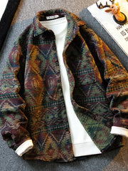 Threebooy Diamond Ethnic Style Jacquard Brushed Shirt Men Long-sleeved Korean Style Autumn Winter Thickened Warm Lapel Woolen Shirt Jacket