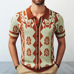 Threebooy Men's Knitted Ethnic Printed Polo Shirt Casual Vintage Streetwear Button Down T-shirt for Men Breathable Luxury Clothing M-3XL
