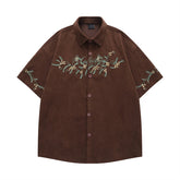 Threebooy Mens Short Sleeve Shirts Vintage Floral Embroidery Corduroy Shirt for Men Oversized Streetwear Harajuku Summer New Casual Shirts