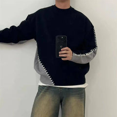 Threebooy Mens Sweater Topstitching Knitted Sweater Autumn Streetwear Contrast Color Casual Versatile Long Sleeve Top Men'S Clothing