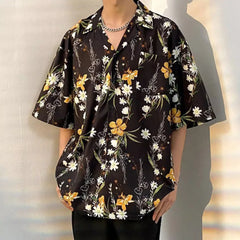 Threebooy Mens Shirt Ice Silk Pocket Printed Short Sleeve Shirt Summer Casual Hawaii Personalized High Street Retro Jacket Men's Clothing