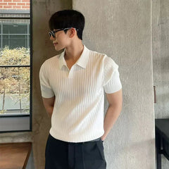 Threebooy Men's V Neck Knit Jacquard Polo Shirt Light Luxury Striped Solid Color Short-sleeved Korean Popular Knitwear Streetwear Clothing