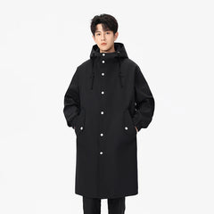 Threebooy Men Windproof Hooded Trench Coat Jacket Mid Length 2025 Autumn New Style Outerwear Fashion Casual Coat Windbreaker Men s Windp