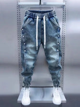 Threebooy Light Blue Men's Jeans Elastic Waist Decorative Button Harlan Pants Spring Autumn Fashionable Slim Fit Harlan Trousers