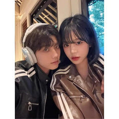 Threebooy Retro High Street Striped PU Leather Jacket Korean Fashion New Zipper Jackets for Men Harajuku Long Sleeve Coats Streetwear