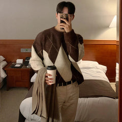 Threebooy Autumn Men's Casual Knitted O Neck Pullover Sweater Light Luxury Korean Patchwork Leisure Long Sleeve Tops Autumn Clothing