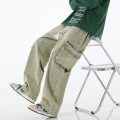 Threebooy Autumn New Men Cargo Jeans Baggy American High Street Y2K Multi-pocket Youth Overalls Fashion Streetwear Vintage Wide Leg Pants