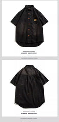 Threebooy American hip-hop men and women trendy splashed ink denim shirt for couples loose retro high-end wide casual top harajuku y2k