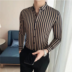 Threebooy Masculina Spring Shirts Men Dress Vertical Stripe Streetwear Slim Men Shirt Casual Long Sleeve Chemise Homme Tuxedo Shirt