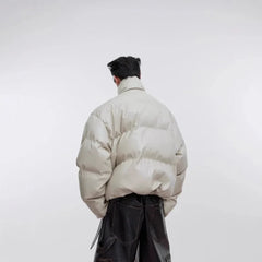 Threebooy Y2K 90s Streetwear Winter Short PU Leather Thick Cotton Jacket Men with Metal Straps Warmth