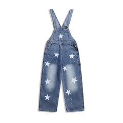 Threebooy American Retro Star Splashing Print Denim Overalls Korean Style Fashion High-end Solid Color Jumpsuits Aesthetic All-match Chic