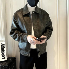Threebooy Y2k Mens Leather Jacket Zipper Pocket Solid Color Leather Jacket Autumn Casual Slim Fit Thick Top Men's Clothing Unisex