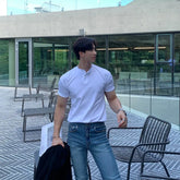 Threebooy Summer Clothing Men's Luxury Henry Collar T-Shirt Korean Button-down Solid Color Short Sleeve Tees for Men New