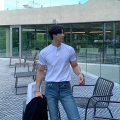 Threebooy Summer Clothing Men's Luxury Henry Collar T-Shirt Korean Button-down Solid Color Short Sleeve Tees for Men New