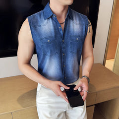 Threebooy Summer Denim Wash Vest Shirt for Men Fashion Casual No Ironing Sleeveless Shirt Slim Fit Business Social Streetwear Men Clothing