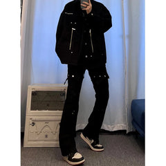 Threebooy American style pants high street black strap slightly flared jeans men's slim fit straight leg work pants