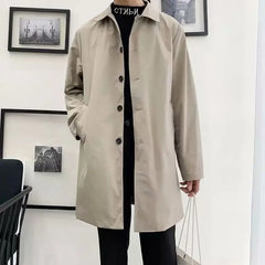 Threebooy Spring Autumn Men's Single-breasted Trench Medium-length Trendy Brand Loose-fit British Style Korean Version Trendy Jacket