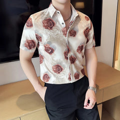 Threebooy Summer New Printed Ice Silk Shirt High-quality Luxury Fashion Men's Slim Fit Business Casual Short Sleeved Shirt Homme 4XL-M