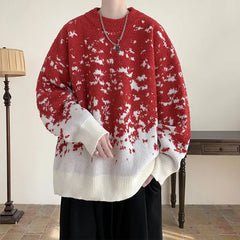 Threebooy New Popular Snowflake Gradient knitwear Autumn Winter Casual Round Neck Contrast Color Knitted Sweater Men's Pullover Black/Red