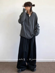 Threebooy Spring Autumn New Japanese Retro POLO Collar Pullover Sweatshirt Men Women Couple Casual Loose Long-sleeved Base Shirt T-shirt