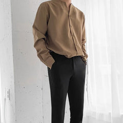 Threebooy Men's Slim V Neck Irregular No-iron Shirt Solid Color Korean Fashion Button-down Long Sleeve High Quality Cardigan Tops New