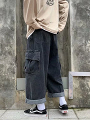 Baggy Jeans Men's Oversize Streetwear Fashion Wide Leg Cargo Pants Hip Hop Harajuku Multi-Pocket Denim Trousers Black Blue