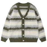 Striped Plush V-neck Sweater Men's Loose Casual Brushed Knit Trendy Couple Versatile Comfortable Harajuku High Street Cardigan