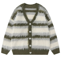 Striped Plush V-neck Sweater Men's Loose Casual Brushed Knit Trendy Couple Versatile Comfortable Harajuku High Street Cardigan