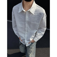 Threebooy Black White Long-sleeved Shirt Men Fashion Social Mens Dress Shirt Korean Loose Casual bubble Shirts Mens summer trend