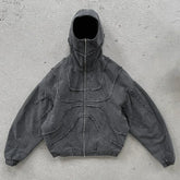 Threebooy American Retro Washed Denim Jacket Men Women Full Zip Hooded Outerwear Baggy Hip Hop Patchwork Jacket Goth Aesthetic Streetwear