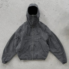 Threebooy American Retro Washed Denim Jacket Men Women Full Zip Hooded Outerwear Baggy Hip Hop Patchwork Jacket Goth Aesthetic Streetwear