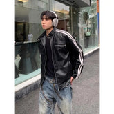 Threebooy Retro High Street Striped PU Leather Jacket Korean Fashion New Zipper Jackets for Men Harajuku Long Sleeve Coats Streetwear