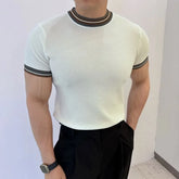 Threebooy Men's Clothing Fashion Patchwork Tops Luxury High Quality Knit O Neck Short-sleeved T-shirt Leisure Popular Retro Slim Knitwear