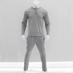 Threebooy Autumn New Large Men's Solid Henley Shirt Long Sleeve Pants Set Trend Stock