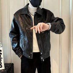 Threebooy Mens Leather Jacket Pocket Zipper Leather Jacket Autumn Casual Versatile Streetwear Trend Daily Top Men's Clothing Unisex
