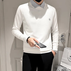 Threebooy Fashion Lapel Button Knitted Spliced Fake Two Pieces Sweater Men's Clothing Autumn New Loose Casual Pullovers Korean Tops