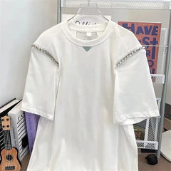Threebooy Y2K Mens T-Shirt Patchwork Zipper Striped Short Sleeved Top Summer Casual High Street Couple Wear Men's Clothing Unisex