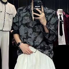 Threebooy Mens Shirt Maple Leaf Printed Sophisticated Casual Shirt Summer Fashion Modern Youth Dark Style Loose Thin Long Sleeve Top