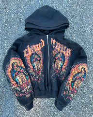 Threebooy Y2k American Retro High Street Streetwear Printed Oversized Graphic Pattern Zipper Hoodie Hip Hop Sweatshirt Patchwork Hoodie
