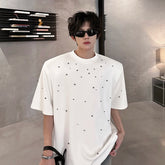 Threebooy Metal Pearl Embellished Men Round Neck Cotton Tshirt man Breathable Comfort Casual Trendy Tee Top Fashion Loose Fit Plain