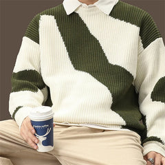 Threebooy Spring Retro Green White Color-block Sweater For Men Casual Loose Striped Crewneck Knitwear New Hip Hop Y2K Knitted Jumpers
