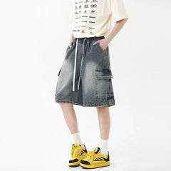 Threebooy Korean Summer Mens Oversized Denim Shorts Elastic Waist Fashion Baggy Knee-length Cargo Shorts Streetwear Casual Short Jeans 