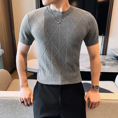 Threebooy Summer Korean Knitted T-shirt Men Slim Short Sleeve Knitted Pullover Sweater Daily Casual Tshirts Round Neck Business Base Shirt