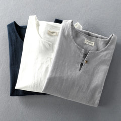 Threebooy New Summer Men Linen Cotton T-shirt Casual Wash Round Neck Chinese Style Classic Comfortable Top Sold Color Short Sleeve T-Shirt