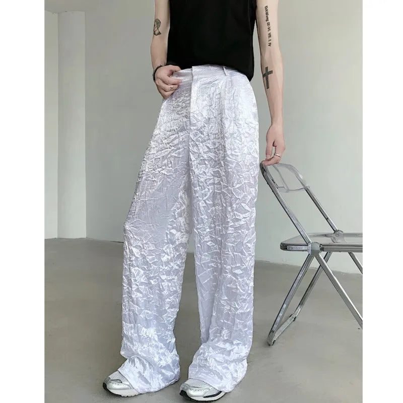 Threebooy Pant Spring Summer Thin Bright Surface Personality Fold Wide-leg Mopping Trousers Harajuku Pantalon Mens Clothing