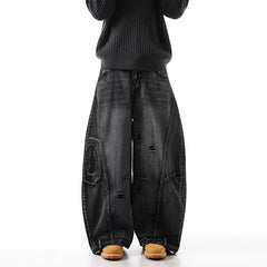 Threebooy Korean Retro Plus Size Ripped Jeans Men'S Wide Leg Curved Pants Fashionable Casual Loose Straight Leg Pants