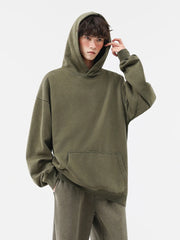 Threebooy Men's Washed Hoodies 330GSM Cotton Polyester Knit Pullover Oversized Tops Loose Fit Y2K Street Faded Hoody Sweatshirts