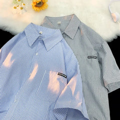 Threebooy Japanese Striped Fashionable Short-sleeved Shirt Men Summer Thin Fashion Loose and Versatile Student Casual Shirt Aesthetic
